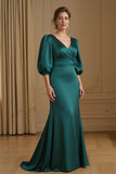Mermaid Satin V Neck Navy Wedding Guest Dress with 3/4 Sleeves