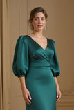 Mermaid Satin V Neck Navy Wedding Guest Dress with 3/4 Sleeves