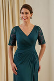 Pine Sheath V Neck Ruched Midi Wedding Guest Dress with Lace