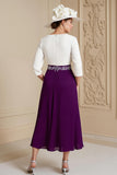 Grape 3/4 Sleeve Bateau Neck A Line Midi Wedding Guest Dress