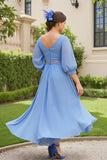 Dusty Blue A Line 3/4 Sleeve Chiffon Wedding Guest Dress with Beading