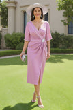 Candy Pink Ruched Midi Wrap Wedding Guest Dress with Half Sleeves