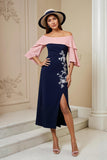 Off the Shoulder Navy Sheath Appliqued Midi Wedding Guest Dress with Slit