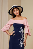 Off the Shoulder Navy Sheath Appliqued Midi Wedding Guest Dress with Slit