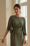Olive Sheath Bateau Neck Tea Length Wedding Guest Dress with Feathers