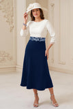 Navy A Line Bateau neck 3/4 Sleeve Midi Wedding Guest Dress with Appliques