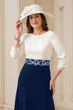Navy A Line Bateau neck 3/4 Sleeve Midi Wedding Guest Dress with Appliques