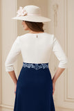 Navy A Line Bateau neck 3/4 Sleeve Midi Wedding Guest Dress with Appliques