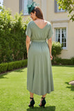 Eucalyptus Chiffon Bateau Neck Tea Length Wedding Guest Dress