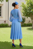 Light Blue A Line Chiffon Long Sleeve Wedding Guest Drses