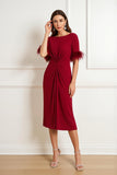 Dark Red Bateau Neck Ruched Sheath Wedding Guest Dress with Feathers