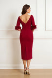 Dark Red Bateau Neck Ruched Sheath Wedding Guest Dress with Feathers