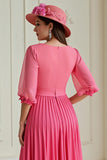 Hot Pink A Line Pleated Chiffon Wedding Guest Dress