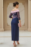 Off the Shoulder Chiffon Sheath Navy Wedding Guest Dress