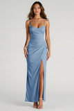 Light Blue Spaghetti Straps Sheath Ruched Long Bridesmaid Dress