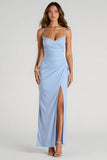 Light Blue Spaghetti Straps Sheath Ruched Long Bridesmaid Dress