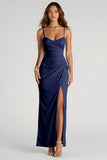 Light Blue Spaghetti Straps Sheath Ruched Long Bridesmaid Dress