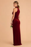 Burgundy High Neck Sheath Velvet Long Bridesmaid Dress