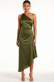 Olive One Shoulder Satin Tea Length Bridesmaid Dress