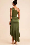 Olive One Shoulder Satin Tea Length Bridesmaid Dress