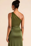 Olive One Shoulder Satin Tea Length Bridesmaid Dress