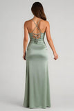 Eucalyptus Satin Ruched Sheath Long Bridesmaid Dress with Slit