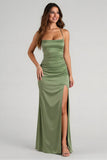 Eucalyptus Satin Ruched Sheath Long Bridesmaid Dress with Slit