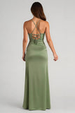 Eucalyptus Satin Ruched Sheath Long Bridesmaid Dress with Slit