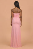 Blush Strapless Sheath Satin Ruched Long Bridesmaid Dress