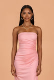Blush Strapless Sheath Satin Ruched Long Bridesmaid Dress