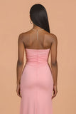 Blush Strapless Sheath Satin Ruched Long Bridesmaid Dress