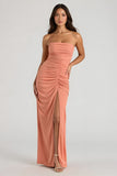 Sunset Spaghetti Straps Sheath Ruched Long Bridesmaid Dress