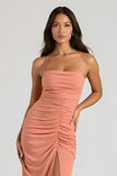 Sunset Spaghetti Straps Sheath Ruched Long Bridesmaid Dress