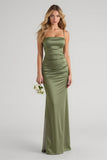 Olive Satin Ruched Spaghetti Straps Long Sheath Bridesmaid Dress