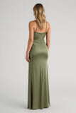 Olive Satin Ruched Spaghetti Straps Long Sheath Bridesmaid Dress