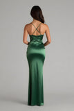 Dark Green Spaghetti Straps Satin Mermaid Long Bridesmaid Dress