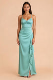 Mint Green Satin Spaghetti Straps Sheath Long Bridesmaid Dress