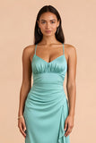 Mint Green Satin Spaghetti Straps Sheath Long Bridesmaid Dress