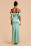 Mint Green Off the Shoulder Satin Sheath Long Bridesmaid Dress