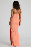Sunset Spaghetti Straps Ruched Sheath Long Bridesmaid Dress with Slit
