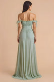 Sage Green Off the Shoulder Chiffon Pleated A-Line Long Bridesmaid Dress