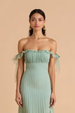 Sage Green Off the Shoulder Chiffon Pleated A-Line Long Bridesmaid Dress