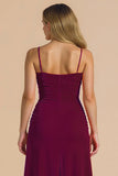 Burgundy Spagheeti Straps Ruched Sheath Long Bridesmaid Dress
