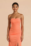 Orange Strapless Ruched Sheath Long Bridesmaid Dress with Slit