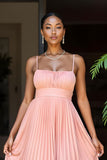 Sunset Pleated A Line Spaghetti Straps Bridesmaid Dress