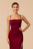 Burgundy Sheath Sapghetti Straps Long Bridesmaid Dress with Slit