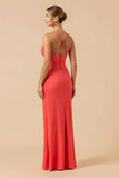 Burgundy Sheath Sapghetti Straps Long Bridesmaid Dress with Slit