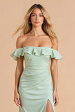 Light Green Sheath Off the Shoulder Maxi Bridesmaid Dress with Ruffles