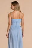 Light Blue Pleated A Line Spaghetti Straps Long Bridesmaid Dress