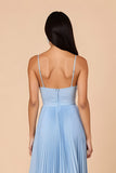 Light Blue Pleated A Line Spaghetti Straps Maxi Bridesmaid Dress